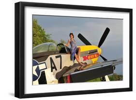 1940's Style Pin-Up Girl Standing Barefoot on the Wing of a P-51 Mustang-null-Framed Photographic Print