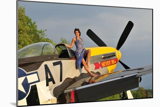 1940's Style Pin-Up Girl Standing Barefoot on the Wing of a P-51 Mustang-null-Mounted Photographic Print