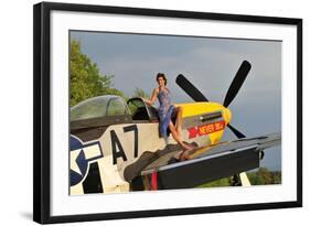 1940's Style Pin-Up Girl Standing Barefoot on the Wing of a P-51 Mustang-null-Framed Photographic Print