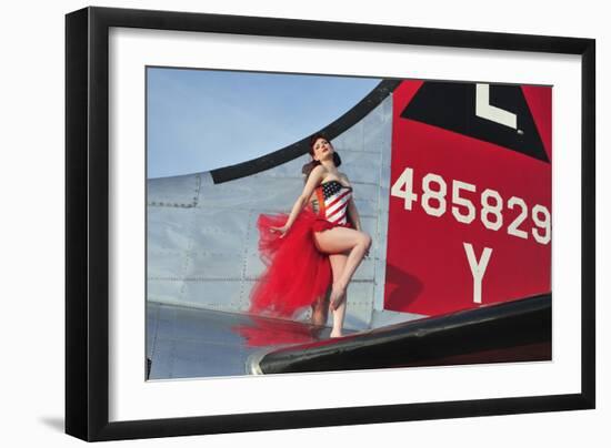 1940's Style Pin-Up Girl Standing on the Tail of a B-17 Bomber-null-Framed Photographic Print