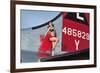 1940's Style Pin-Up Girl Standing on the Tail of a B-17 Bomber-null-Framed Photographic Print