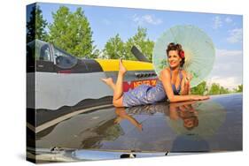 1940's Style Pin-Up Girl with Parasol on a Vintage P-51 Mustang-null-Stretched Canvas