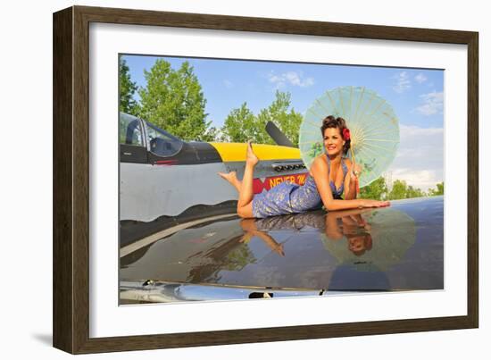 1940's Style Pin-Up Girl with Parasol on a Vintage P-51 Mustang-null-Framed Photographic Print