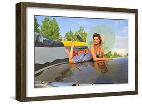 1940's Style Pin-Up Girl with Parasol on a Vintage P-51 Mustang-null-Framed Photographic Print