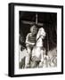 1940s 1950s EAGER SMILING BOY WEARING BALL CAP AND STRIPED T-SHIRT RIDING ON CARVED WOODEN CAROU...-Panoramic Images-Framed Photographic Print