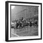 1940s 1950s PEDESTRIAN INTERSECTION CITY CROSS WALK UMBRELLAS RAIN WET WEATHER TROLLEY CAR PHILA...-Panoramic Images-Framed Photographic Print