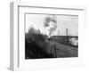 1940s Aerial of Train Traveling Along River under Bridge Billowing Smoke Near Columbus, Ohio-null-Framed Photographic Print