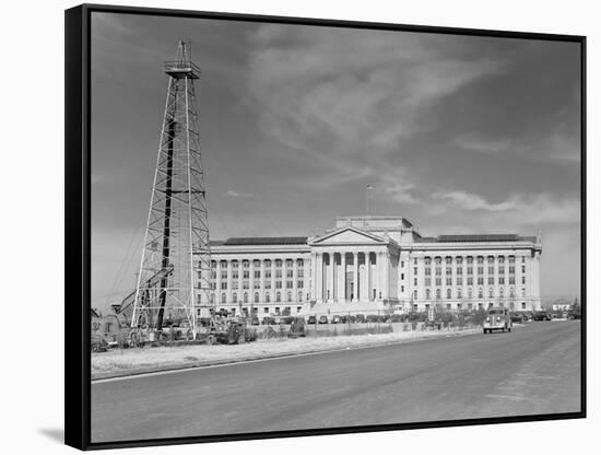 1940s Capitol Building with Oil Derrick in Foreground Oklahoma City-null-Framed Stretched Canvas
