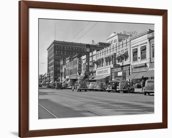 1940s Kansas Street Shopping District Cars Shops Storefronts Topeka Kansas-null-Framed Photographic Print
