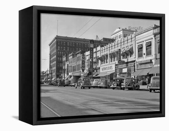 1940s Kansas Street Shopping District Cars Shops Storefronts Topeka Kansas-null-Framed Stretched Canvas