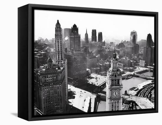 1940s LOOKING SW FROM TRIBUNE TOWER WACKER DRIVE ALONG CHICAGO RIVER WRIGLEY BUILDING TOWER IN F...-Panoramic Images-Framed Stretched Canvas