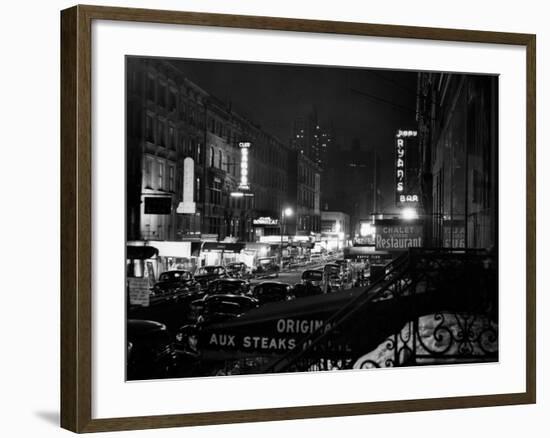 1940s Night Street Scene West 52nd Street Lights from Numerous Clubs and Nightclubs New York-null-Framed Photographic Print