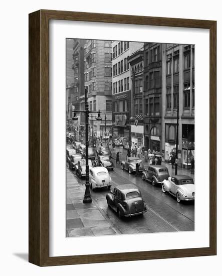 1940s Rainy Day on Chestnut Street Philadelphia,, PA Cars Pedestrians Storefronts-null-Framed Photographic Print