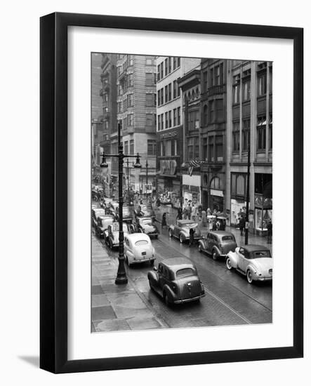 1940s Rainy Day on Chestnut Street Philadelphia,, PA Cars Pedestrians Storefronts-null-Framed Photographic Print