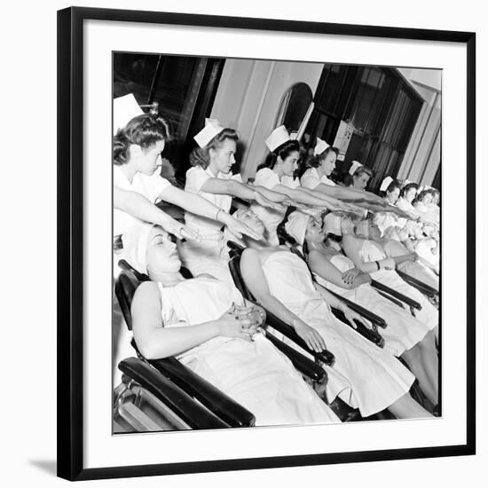 1940S Women Learning Facials and Beauty Techniques at a Beauty School-Nina Leen-Framed Photographic Print