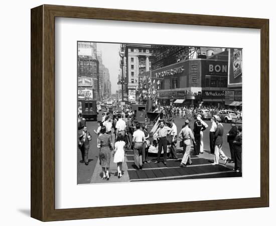 1940s WWII Wartime Pedestrians Traffic Two Sailors Recruiting Station Times Square-null-Framed Photographic Print