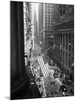 1945 Aerial View of VE Day Celebration on Wall Street NYC with Flags and Confetti Flying-null-Mounted Premium Photographic Print