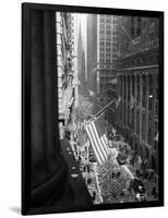 1945 Aerial View of VE Day Celebration on Wall Street NYC with Flags and Confetti Flying-null-Framed Photographic Print