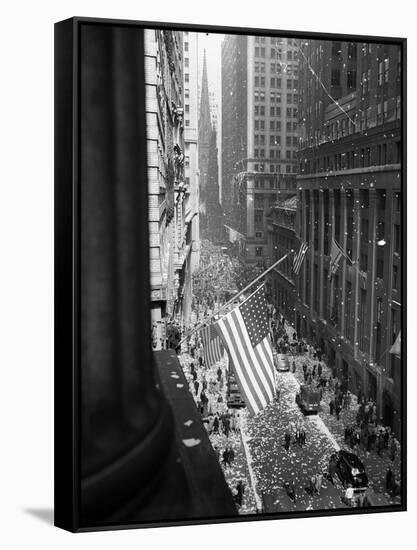 1945 Aerial View of VE Day Celebration on Wall Street NYC with Flags and Confetti Flying-null-Framed Stretched Canvas