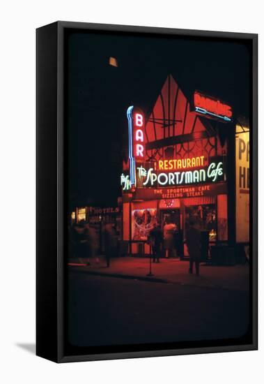 1945: Neon Lights Outside the Sportsman Cafe on 236 West 50th Street at Night, New York, NY-Andreas Feininger-Framed Stretched Canvas