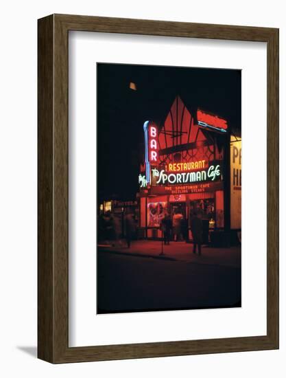 1945: Neon Lights Outside the Sportsman Cafe on 236 West 50th Street at Night, New York, NY-Andreas Feininger-Framed Photographic Print