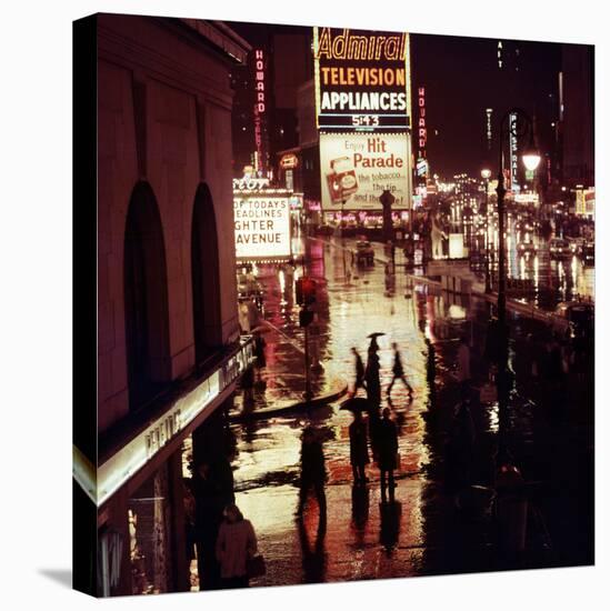 1945: Rainy Night in Times Square with Neon and Billboards, New York, NY-Andreas Feininger-Stretched Canvas