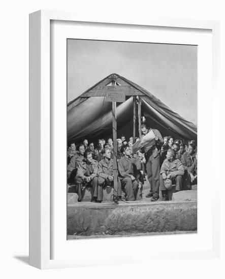 1945: Teenaged German Pow Sit under a Tent as They Listen to a History Lesson, Attichy, France-Ralph Morse-Framed Photographic Print