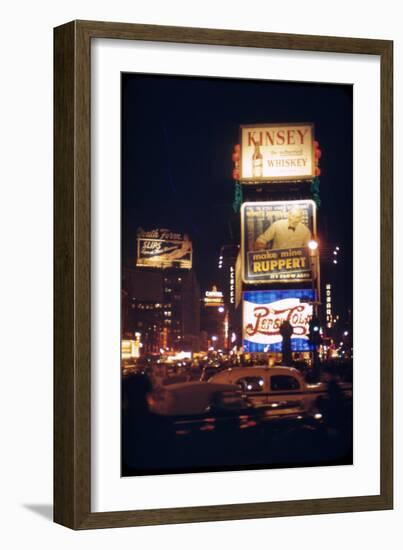 1945: Times Square at Night with Traffic and Lit Billboards, New York, Ny-Andreas Feininger-Framed Photographic Print