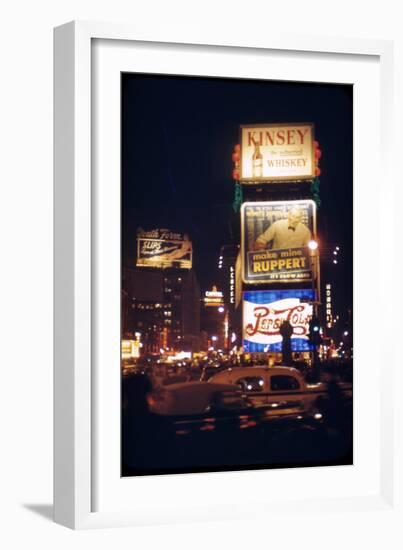 1945: Times Square at Night with Traffic and Lit Billboards, New York, Ny-Andreas Feininger-Framed Photographic Print