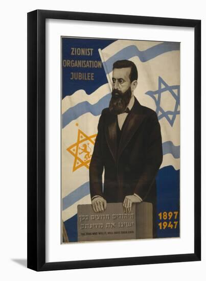 1947 Poster Showing Theodor Herzl with the Flags of Israel and the Zionist Congress-null-Framed Art Print