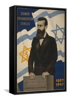 1947 Poster Showing Theodor Herzl with the Flags of Israel and the Zionist Congress-null-Framed Stretched Canvas