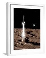 1950's View of a Stream-Lined Finned Spaceship Beginning its Landing Phase-null-Framed Photographic Print