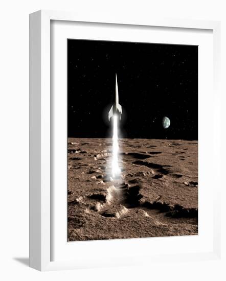 1950's View of a Stream-Lined Finned Spaceship Beginning its Landing Phase-null-Framed Photographic Print