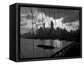 1950s-1960s Downtown Manhattan Skyline from Brooklyn Bridge Barge in East River NYC-null-Framed Stretched Canvas