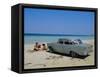 1950s American Car on the Beach, Goanabo, Cuba, Caribbean Sea, Central America-Bruno Morandi-Framed Stretched Canvas