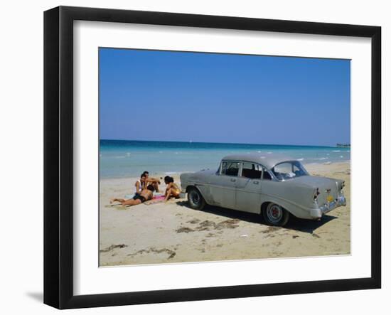 1950s American Car on the Beach, Goanabo, Cuba, Caribbean Sea, Central America-Bruno Morandi-Framed Photographic Print