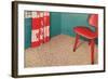 1950s Corner Interior with Red Chair and Curtains-null-Framed Art Print
