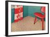 1950s Corner Interior with Red Chair and Curtains-null-Framed Art Print