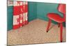 1950s Corner Interior with Red Chair and Curtains-null-Mounted Art Print