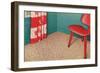 1950s Corner Interior with Red Chair and Curtains-null-Framed Art Print