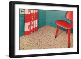 1950s Corner Interior with Red Chair and Curtains-null-Framed Art Print