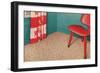 1950s Corner Interior with Red Chair and Curtains-null-Framed Art Print