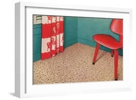 1950s Corner Interior with Red Chair and Curtains-null-Framed Art Print