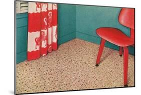 1950s Corner Interior with Red Chair and Curtains-null-Mounted Art Print