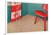 1950s Corner Interior with Red Chair and Curtains-null-Framed Art Print