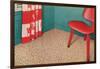 1950s Corner Interior with Red Chair and Curtains-null-Framed Art Print