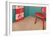 1950s Corner Interior with Red Chair and Curtains-null-Framed Premium Giclee Print