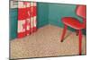 1950s Corner Interior with Red Chair and Curtains-null-Mounted Premium Giclee Print