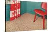 1950s Corner Interior with Red Chair and Curtains-null-Stretched Canvas