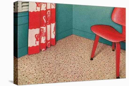 1950s Corner Interior with Red Chair and Curtains-null-Stretched Canvas